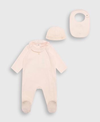 Romper, bib & beanie set