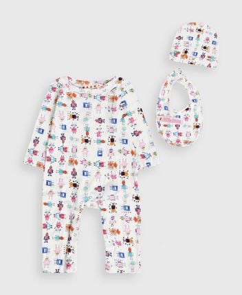 Romper, bib & beanie set