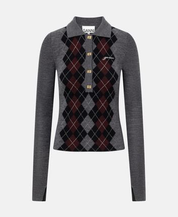 Woolen long-sleeved polo Fine merino jacquard